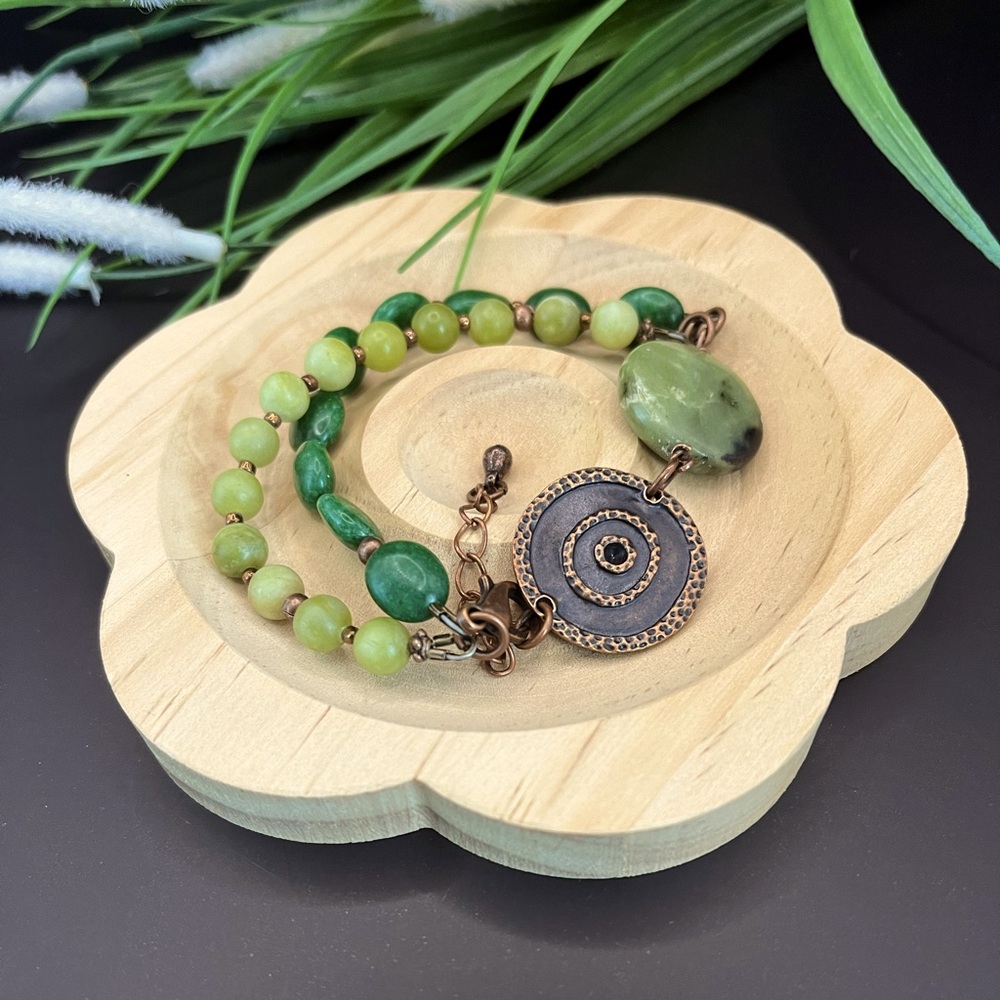Lemon jade and green jade beads with copper findings bracelet